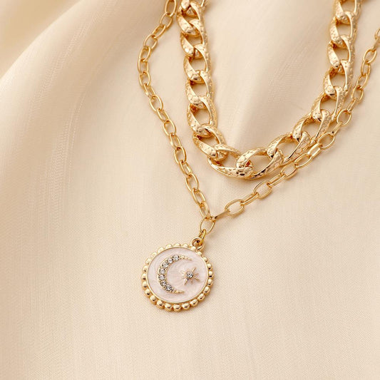 Fashion light luxury niche design sense double-layer Cuban chain round coin moon star drop oil necklace female
