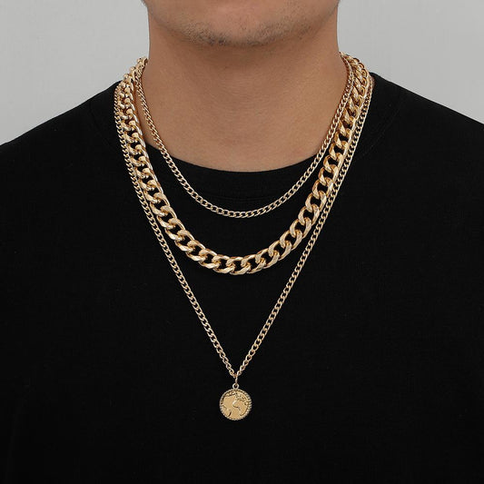 Trendy Stacked Cuban Chain Aluminum Chain Nautical Hour Pendant Fashion Retro Gold-plated Cool Men's Necklace