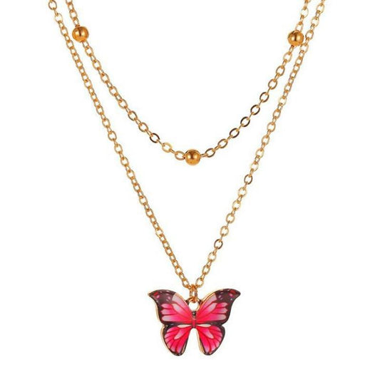 Double Bead Chain Colorful Butterfly Necklace Dreamy Butterfly Clavicle Chain Trendy Women's Jewelry Short Chain