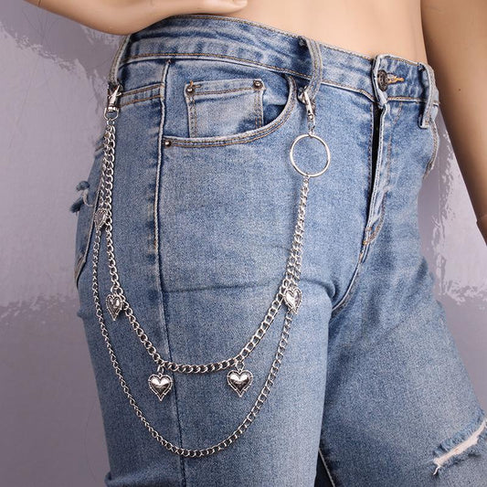 Hip-hop retro double-layer all-match peach heart pants chain ins trousers hanging chain decoration love accessories men and women tide