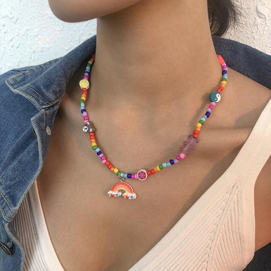 N9147 Colorful Rice Bead Necklace Soft Pottery Bear Cartoon Necklace Cute Rainbow Pendant Clavicle Chain Female