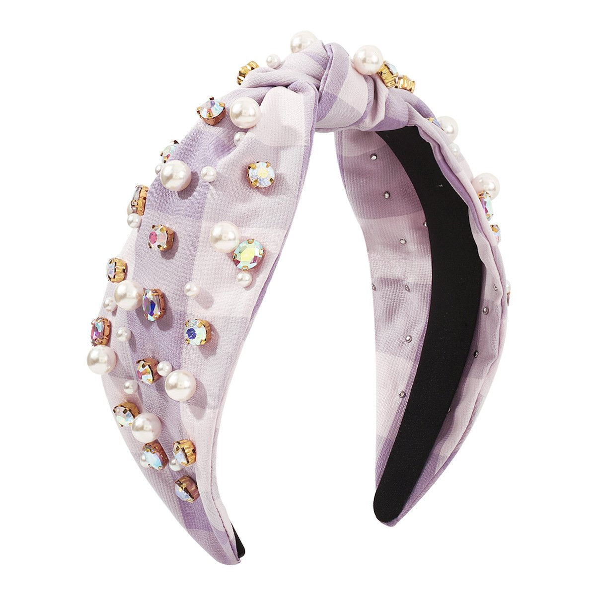 F4845 Chessboard fabric knotted wide-brimmed headband Hong Kong retro rhinestone beaded small crowd creative headband