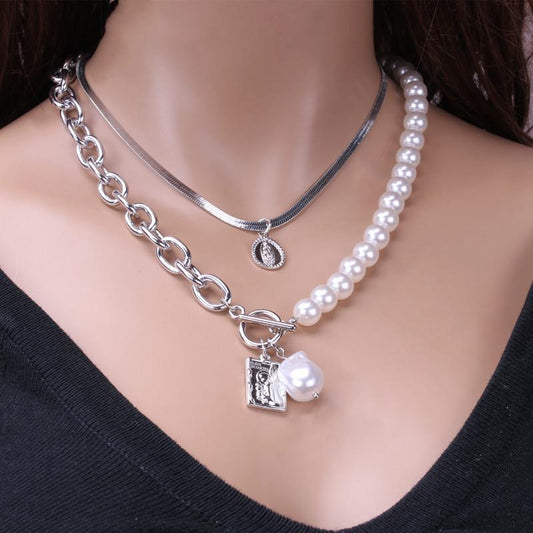 Jewelry Fashion Copper Snake Chain Pearl Coin Portrait Square Necklace Female Two-piece Set