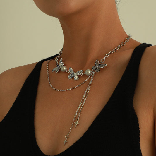 Jewelry Trendy Luminous Pearl Three Butterfly Necklace Women's Double Tassel Cross Star Pendant