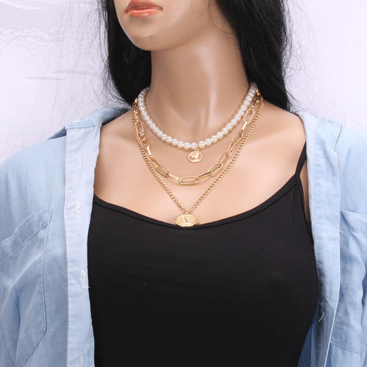 Elizabeth retro coin multi-layer necklace temperament all-match pearl embossed long sweater chain