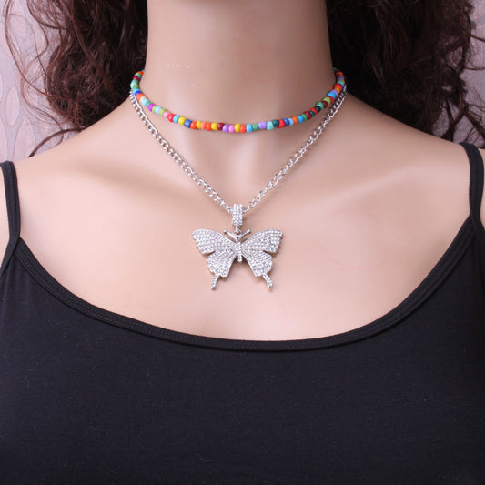 Fashion Jewelry Simple Rice Bead Set Necklace Autumn Alloy Diamond Big Butterfly Necklace