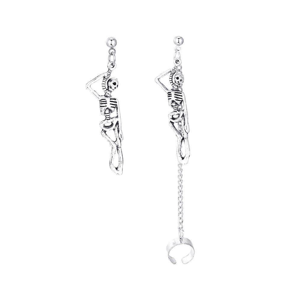 Old Metal Skull Earrings Trendy Punk Asymmetrical Chain Ear Clips Halloween Couple Ornaments