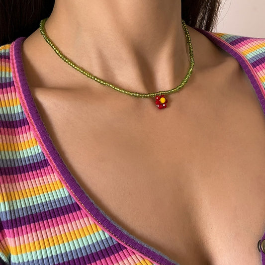 Simple Small Daisy Flower Rice Bead Necklace Bohemian Holiday Imitation Crystal Braided Clavicle Necklace