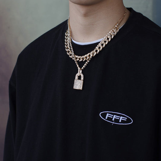 Hip-hop full diamond Cuban chain pendant necklace for men and women punk exaggerated diamond lock pendant necklace