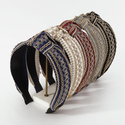 F471 Retro wide-brimmed ethnic embroidery headband temperament knotted simple adult going out pressing hair headband