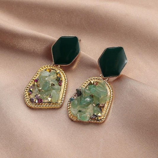Irregular geometric stud earrings green gravel dripping oil earrings temperament high-end earrings jewelry