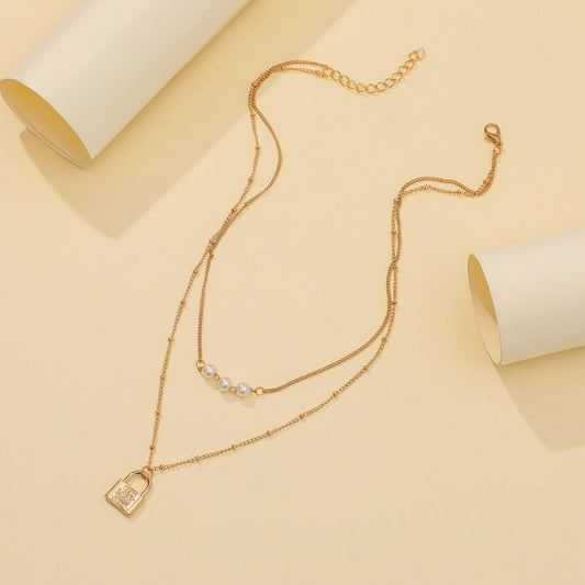 Dongdaemun Simple and Versatile Temperament Pearl Necklace Personality Metal Lock Pendant Fashion Niche Double Layer Necklace