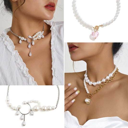 Jewelry niche heart-shaped portrait multi-variety necklace creative water drop imitation pearl weaving temperament necklace