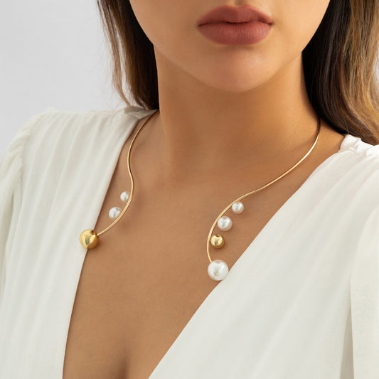 Jewelry Personality Geometric Asymmetric Imitation Pearl Open Necklace Niche Design Sense Round Bead Necklace