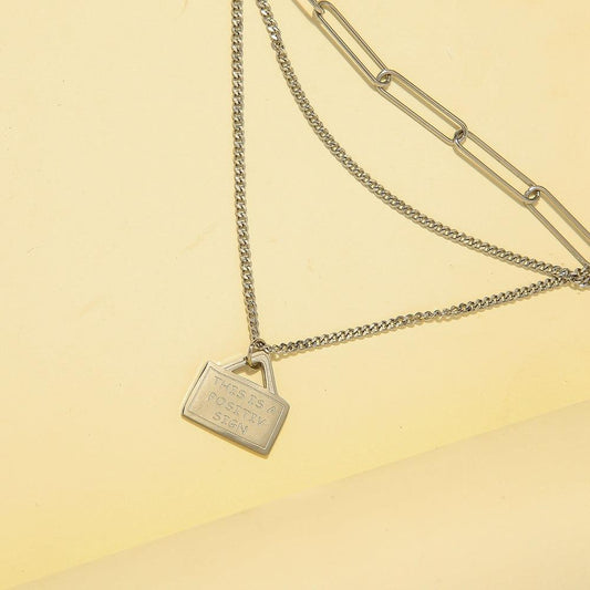 Fashion simple personality stainless steel multi-layer brooch pearl envelope pendant lettering clavicle chain titanium steel necklace