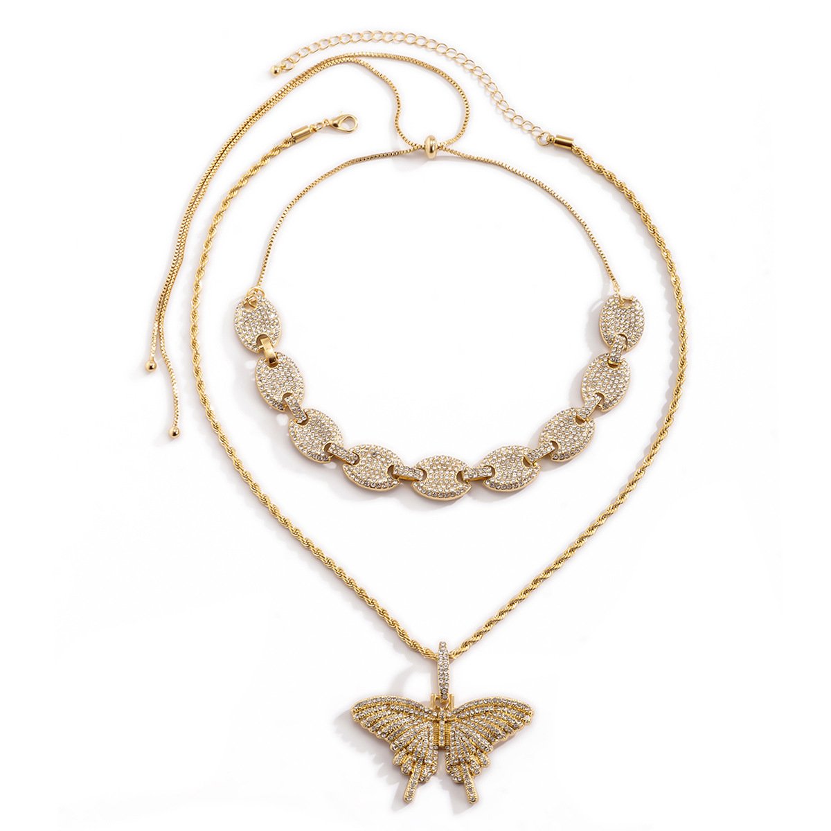 Jewelry Retro Twist Set Necklace Female Hip Hop Full Diamond Cuban Buckle Diamond Butterfly Necklace