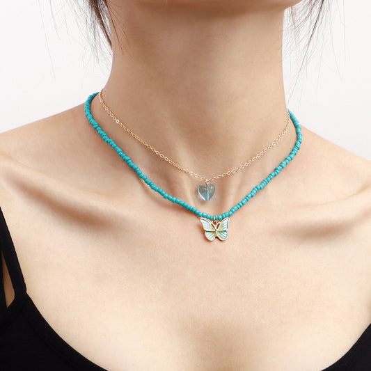 Jewelry Bohemian Green Rice Bead Stripe Butterfly Pendant Necklace Necklace Women Beaded Necklace