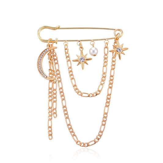 Jewelry light luxury full diamond crescent moon star brooch women's metal chain pearl brooch accessories