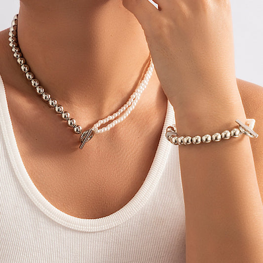 Jewelry Temperament Cold Geometric Bead Necklace Simple Imitation Pearl Beaded Stitching Necklace Female