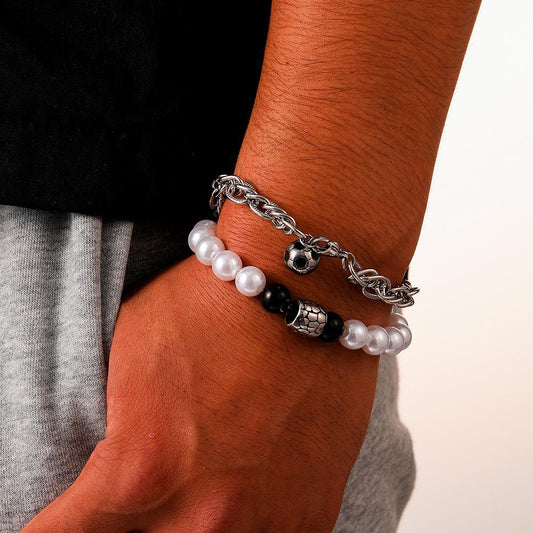 Simple Personality Trend Fashion Men's Pearl Stainless Steel Football Bracelet Set Stackable Hand Jewelry
