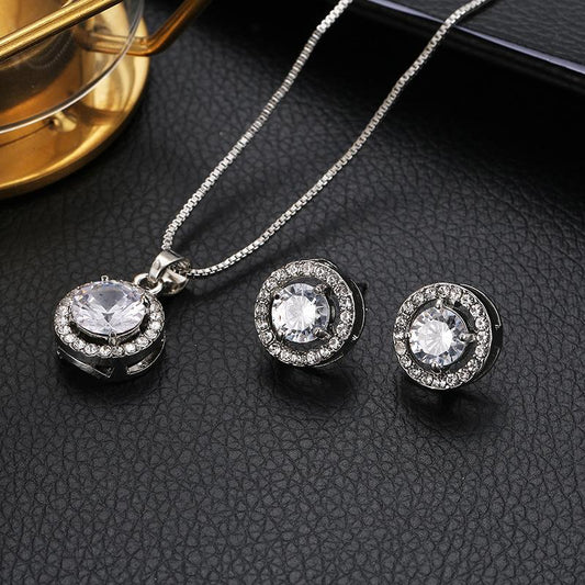 Classic Noble Fashion Jewelry Temperament Necklace Earrings Two-piece Set Round Zircon Set Earrings Necklace