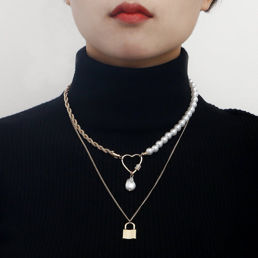 Fashion Temperament Love Padlock Combination Multi-Layered Wearing Exaggerated Necklace Niche Design Pearl Clavicle Chain Female