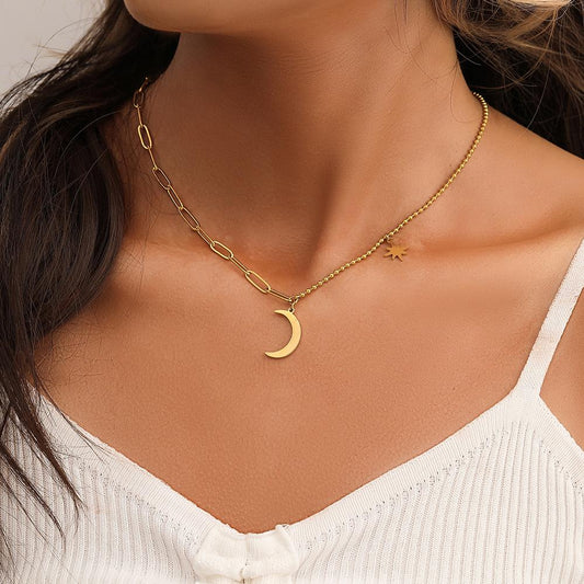 Simple fashion stainless steel splicing gold moon star necklace collarbone chain all-match personalized female jewelry