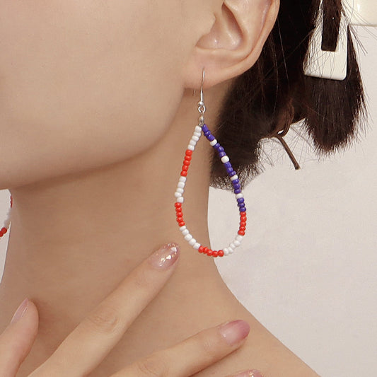 Jewelry hand-woven blue, red and white rice beads geometric drop-shaped pendant all-match earrings earrings