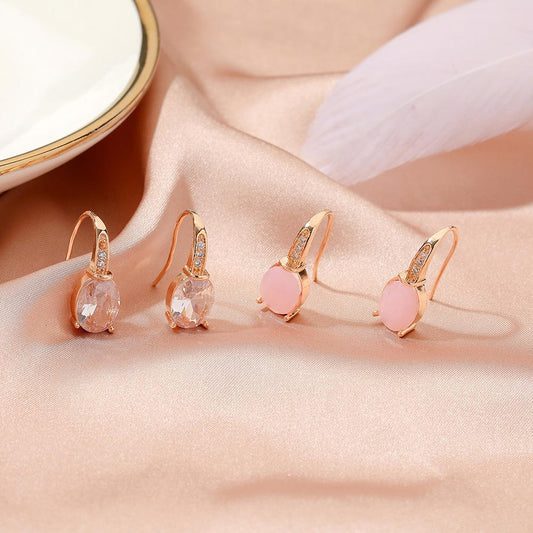Geometric Oval Moonstone Pink Earrings Female Rose Gold Crystal Water Drop Earrings Earrings Stud Earrings