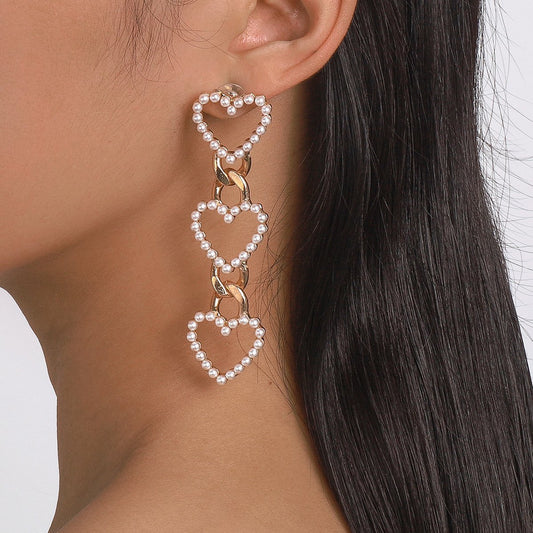 E1769 Exaggerated Long Love Pearl Earrings Chain Personality French Elegant Small Crowd Earrings