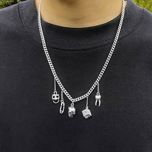 Jewelry Personality Skull Multi-Punk Tassel Pendant Necklace Brooch Dice Geometric Necklace Female