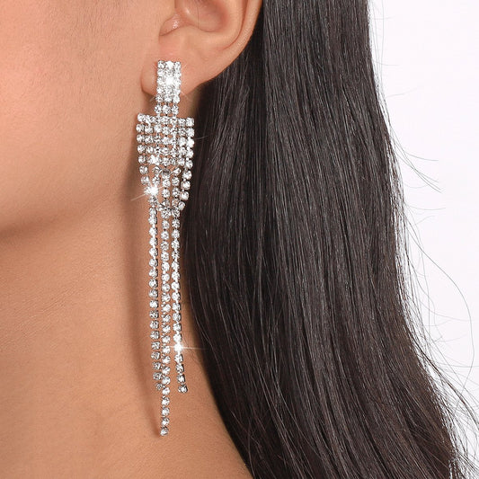 E1578 Jewelry Long Tassel Rhinestone Earrings Personalized Dinner Party Internet Celebrity Personalized Fashion Earrings