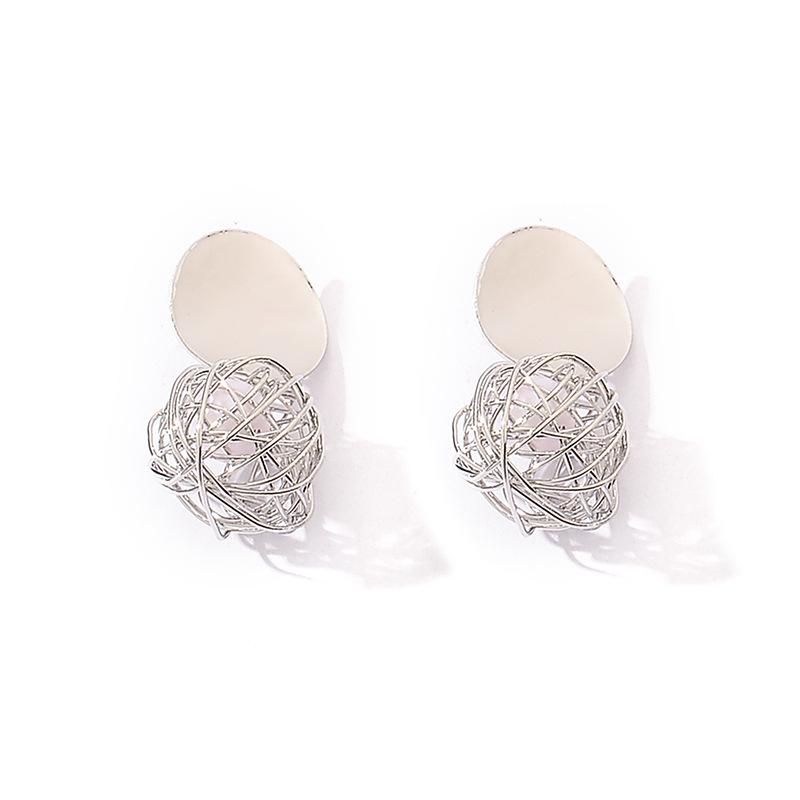 Retro Geometric Earrings Simple Woven Ball Pearl Stud Earrings Metal Accessories Women