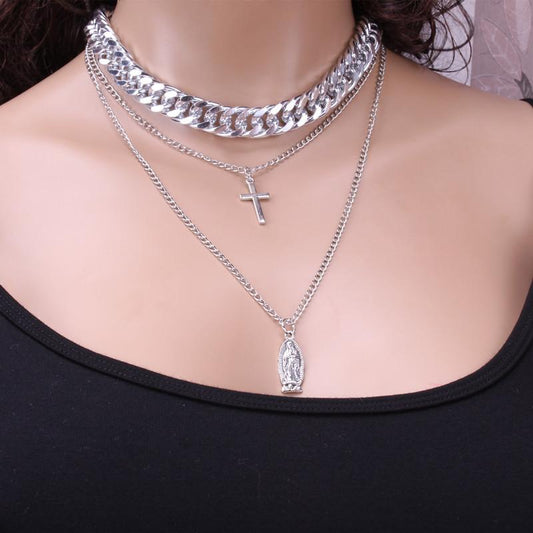 Jewelry Personality Thick Chain Punk Rock Portrait Retro Necklace Exaggerated Cross Multilayer Necklace