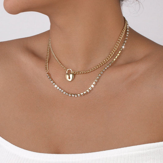 N118 Multi-Layered Wearing Love Rhinestone Necklace Stitching Geometric Shining Small Fashion Necklace