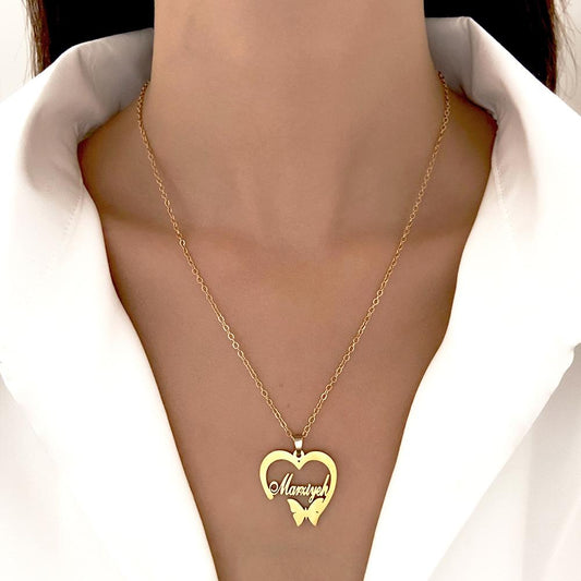 ins stainless steel hollow love necklace fashion creative English letter butterfly clavicle chain net red necklace