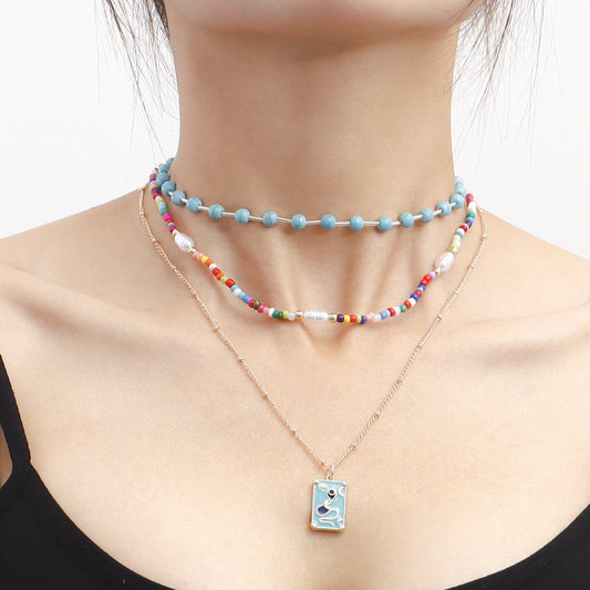 Jewelry Bohemian double-layer colored rice beads turquoise necklace female geometric trendy matching accessories