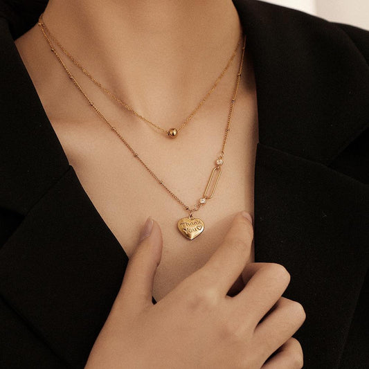 Fashion personality stainless steel double-layer ball love letter thankyou pendant titanium steel heart-shaped clavicle chain