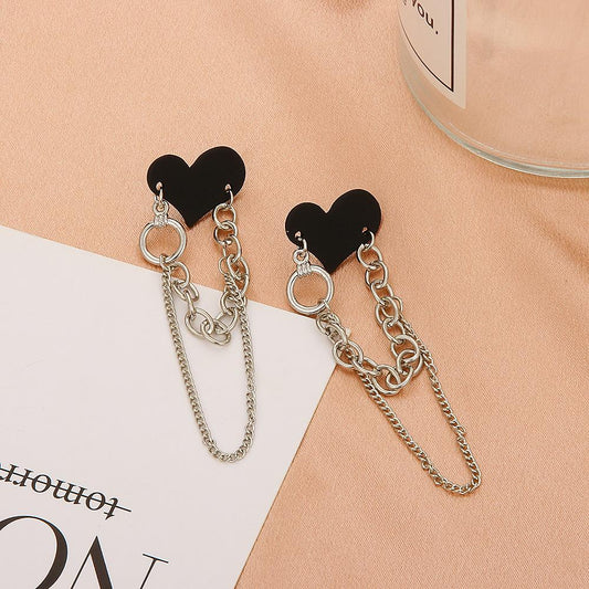 Ins black love earrings cold net red fashion heart-shaped chain earrings long tassel earrings tide