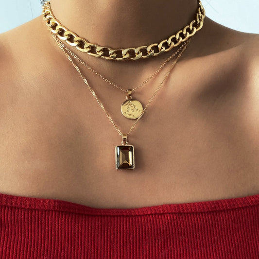 Jewelry Hip Hop Street Fashion Chain Necklace Retro Simple Geometric Portrait Gemstone Necklace Female