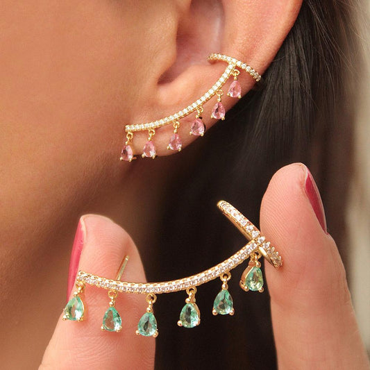 Earrings Temperament Water Drop Tassel Earrings Mori Crystal Zircon Ear Clip Ear Studs Integrated Earrings