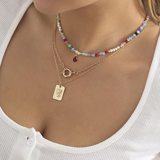 Jewelry Simple Metal Portrait Embossed Multilayer Necklace Retro Ethnic Imitation Crystal Beaded Necklace
