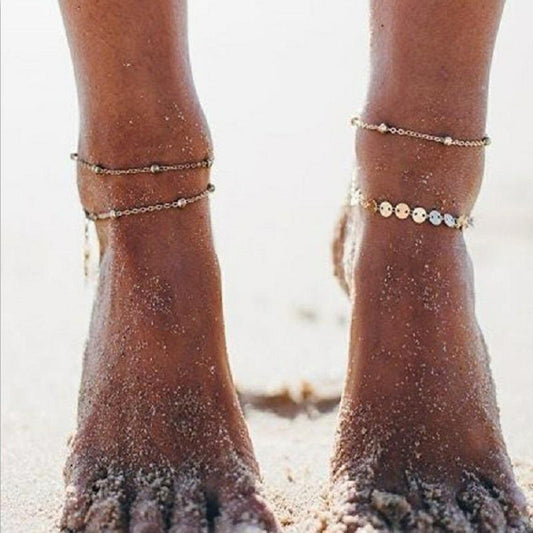 Minimalist asymmetrical bead disc mix and match double-layer anklet women's beach holiday copper sequin foot jewelry