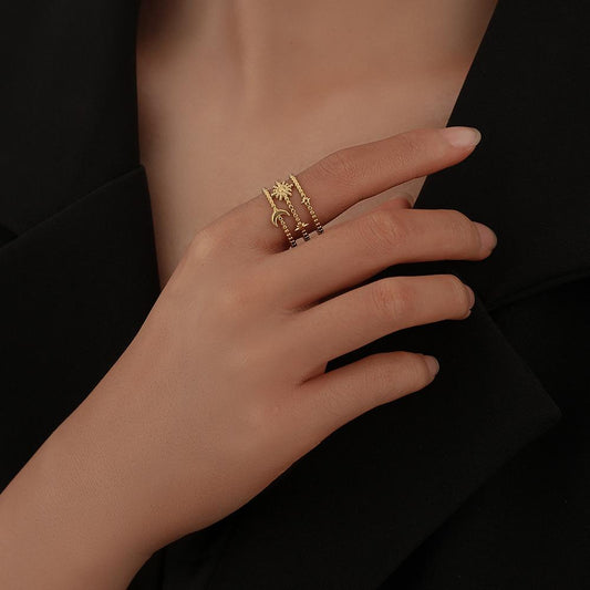 French titanium steel multi-layer hollow star moon opening ring trend simple stainless steel retro ring
