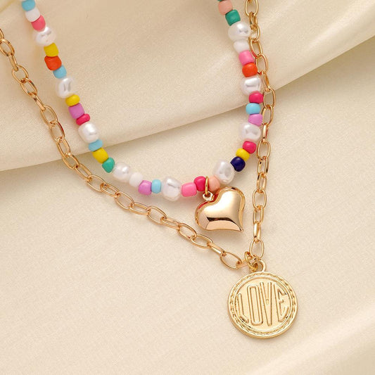 Indifferent double-layer love LOVE coin color rice bead necklace light luxury high-end design fashion ladies chain