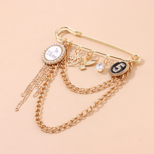 Jewelry pearl disc full of diamonds number 5 brooch punk retro exaggerated chain pin accessories