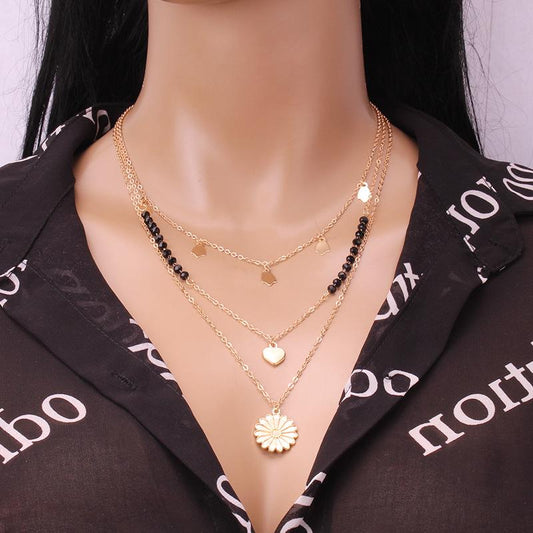 Explosive Jewelry Simple Fashion Peach Heart Sunflower Multilayer Necklace Design Sense of Stacking Necklace Women
