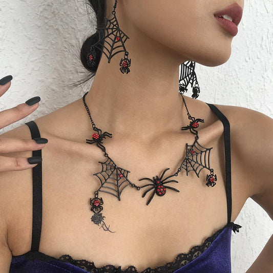 N935 Exaggerated Earrings Necklace Set Dark Halloween Spider Web Diamond Earrings Necklace