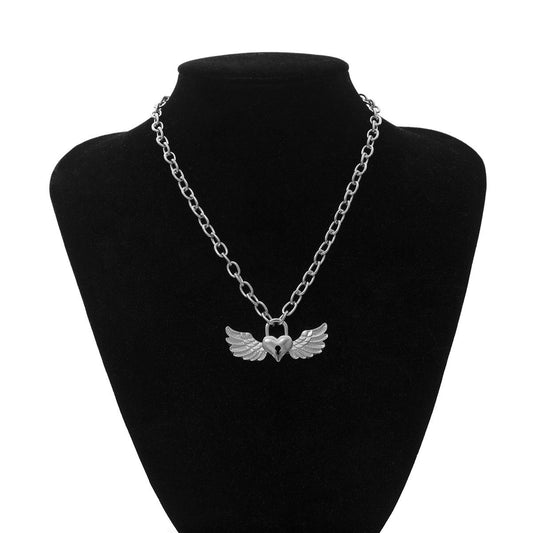 Jewelry Personality Versatile Single-layer Metal Necklace Creative Heart-shaped Wings Hollow Lock Necklace Female