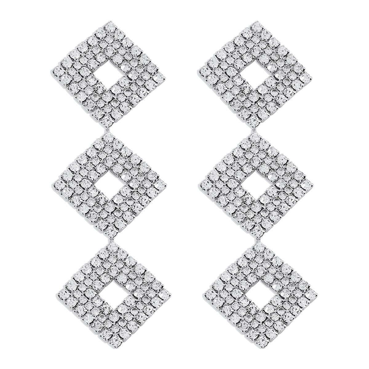 E145 exaggerated multi-layer earrings square full diamond claw chain light luxury earrings heavy industry temperament earrings